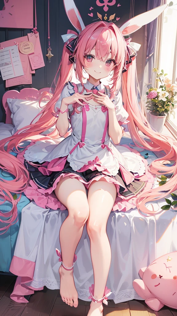 ((masterpiece))((Highest quality))Rabbit Ears、girl、smile、blush、Flat Chest、Are thin、Pink Hair、blush、Are standing、Whole body image、Even your toes are visible、Eye level on face、front、No background、Rabbit Pose、真frontのアングル、Pigtails、uniform