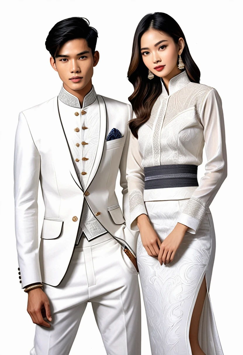 candid fashion illustration of two young man and women, 20-27 year old, adorned in a meticulously crafted North Thai Lanna traditional costume, ((showcase in cotton handwoven outfit all in white)), simple elegant style, The man wears a simple long-sleeved white mandarin collar suit, paired with white Tailor pants, and oxford shoes, The woman compliments him with white ankle-length pencil skirt, with simple minimal patterns details, fitted white intricately decorated waist-length blouse, Captured in full-body image, standing still, ((white backdrop)), the imperfect sketching, realistic charcoal lines, imperfect drawing, fading sketch, fashion look book, fashion illustrator, sketch design, the image boasts high-quality, Lanna style, North Thai traditional costume