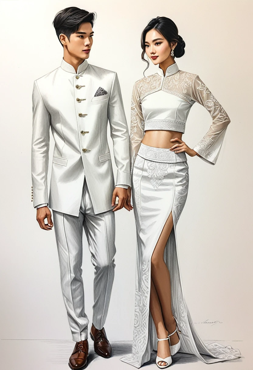 candid fashion illustration of two young man and women, 20-27 year old, adorned in a meticulously crafted North Thai Lanna traditional costume, ((showcase in cotton handwoven outfit all in white)), simple elegant style, The man wears a simple long-sleeved white mandarin collar suit, paired with white Tailor pants, and oxford shoes, The woman compliments him with white ankle-length pencil skirt, with simple minimal patterns details, fitted white intricately decorated waist-length blouse, Captured in full-body image, standing still, ((white backdrop)), the imperfect sketching, realistic charcoal lines, imperfect drawing, fading sketch, fashion look book, fashion illustrator, sketch design, the image boasts high-quality, Lanna style, North Thai traditional costume