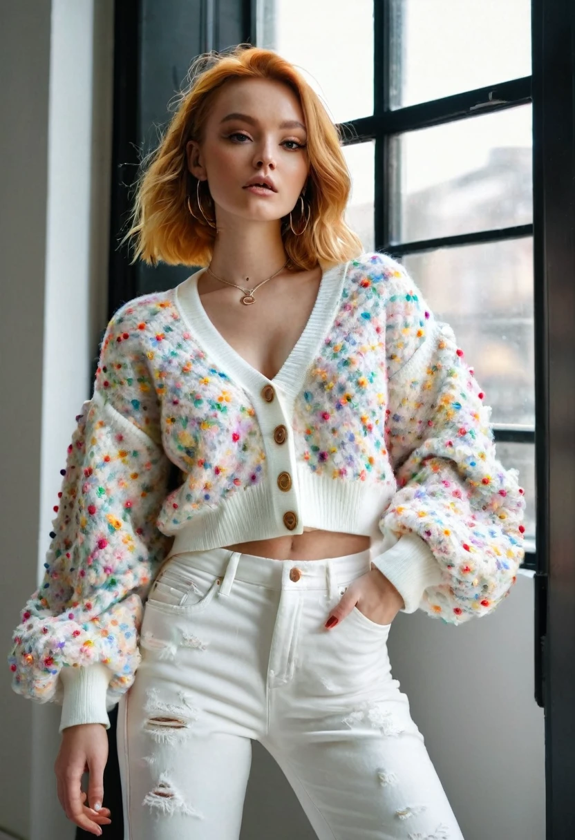(Small lower chest,Tomboyish,small heads)),  (perfect bodies: 1.1), (short-length straight short hair: 1.1), (rainbow color hair:1.5),attractive collarbone，（极其细致的CG 8k壁纸），（Extremely refined and beautiful），（masterpiece），（best qualtiy：1.0），（超高分辨率：1.0），upper body photos，[A high resolution]，cheerfulness，Smile，Smooth and flawless fair skin，ultra - detailed ，Elongated legs，（Small breasts:1.1),Flat chest,Slim，emaciated，No bra,After bath, (rainbow color sweater:1.5),Cleavage,(white pantyhose:1.4),At home, in dinning room,Close shot,nightfall，warm light，a dinning table,(Several dishes on the table:1.3),(Lying flat on back on the dining table:1.3),Top down overhead camera perspective,cowboy shot