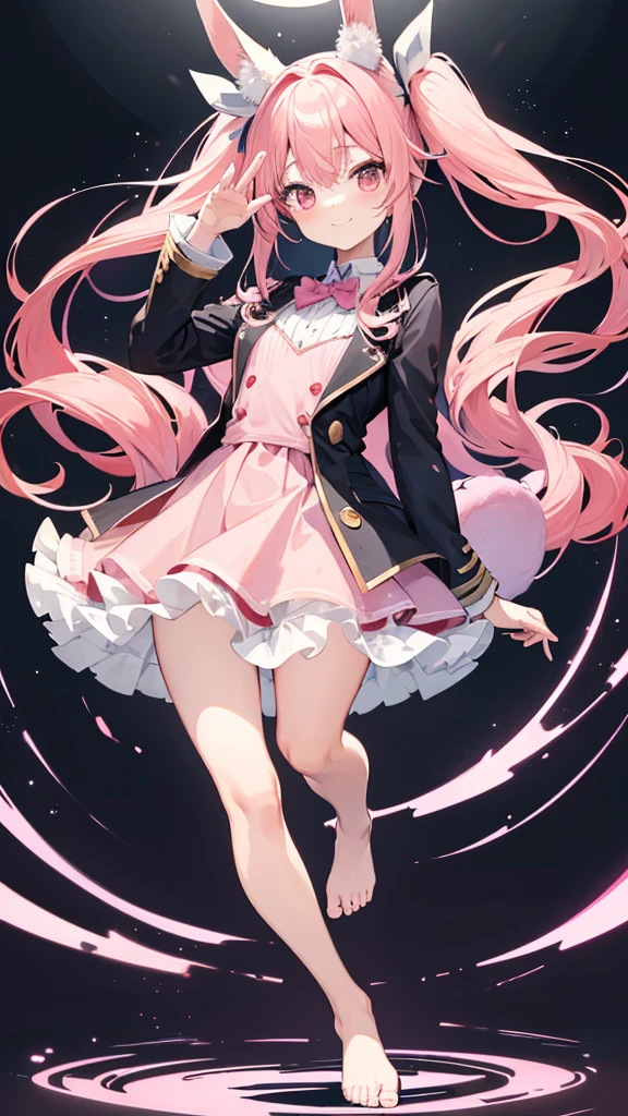 ((masterpiece))((Highest quality))Rabbit Ears、girl、smile、blush、Flat Chest、Are thin、Pink Hair、blush、Are standing、Whole body image、Even your toes are visible、Eye level on face、front、No background、Rabbit Pose、真frontのアングル、Pigtails、uniform