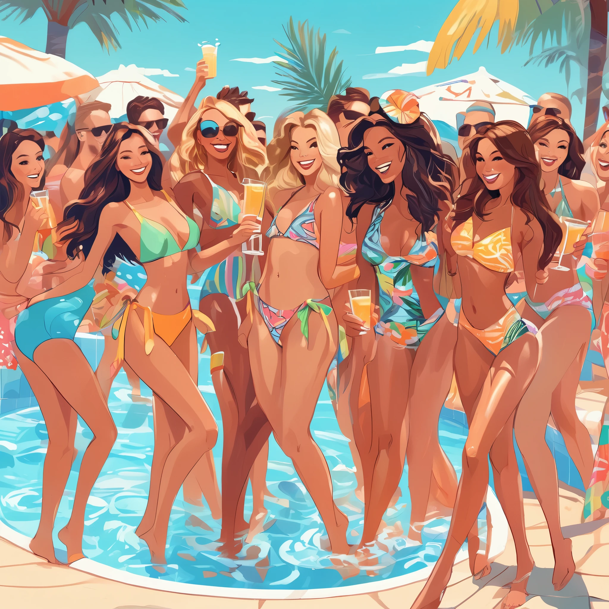 (best quality, masterpiece, highres:1.3), detailed, poolparty, bikini women, cheers pose, long hair, happy smile, swimsuit, poolside, lot of people,
