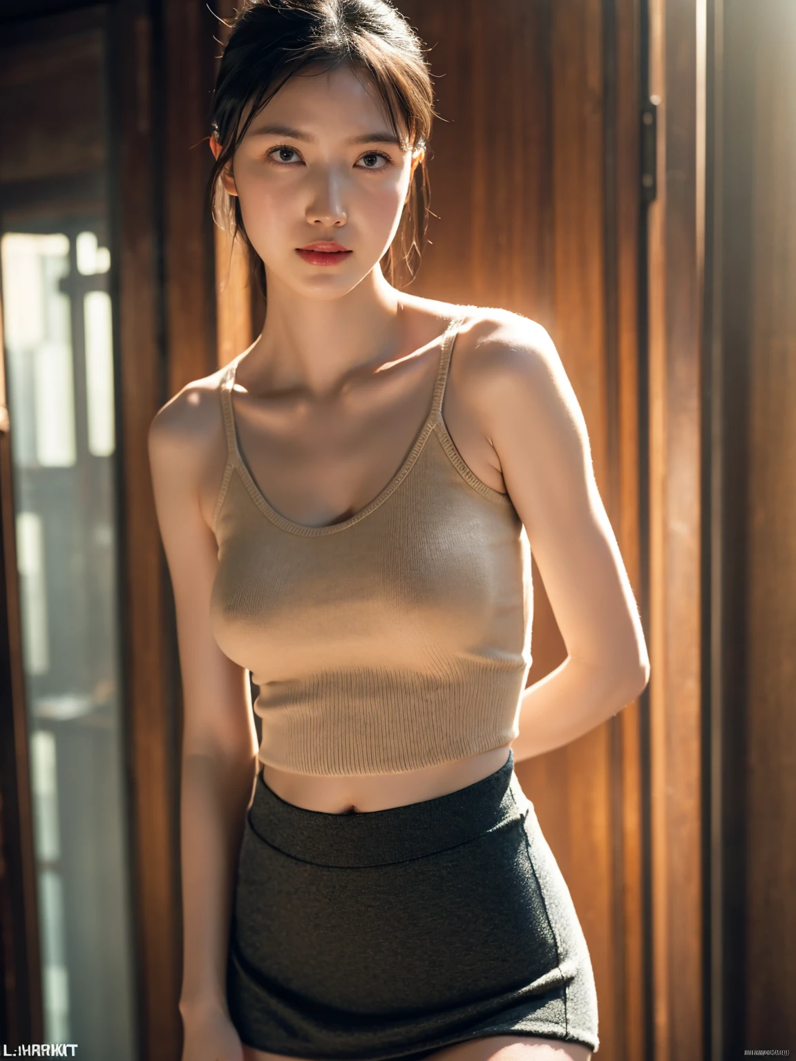 1girl, woman, masterpiece, best quality, highest quality, cinematic lighting, (volumetric lighting), extremely detailed CG unity 8k wallpaper, focused, 8k wallpaper, extremely detailed, ultra realistic, photorealistic, sharp focus, absurdres, (HDR:1.2), (high contrast), photograph, detailed and intricate, instagram, portrait, highly detailed, digital painting, artstation, concept art, smooth, sharp focus, illustration, cinematic lighting, (natural big breast), eyes looking at the viewer, ((medium shoulder)), (skinny legs), (slender body), (((height 163cm))), (HQ skin:1.4, Realistic human body structure), (wearing knit tank top, short skirt), (show thighs)