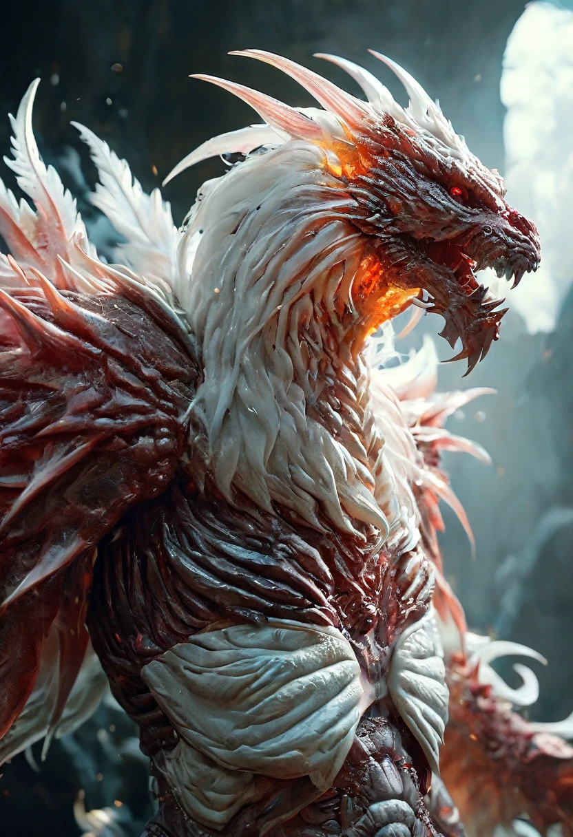 (Highest quality,4K,8K,High resolution,masterpiece:1.2), Very detailed, (Realistic,photoRealistic,photo-Realistic:1.37), white creature, Otherworldly, Lovecraft, Chitinous Skin, Bioluminescence Pattern, Dark Color Palette, Spooky lighting.(Browsing Caution:1.4), white, pink, orange, Very long and sharp red claws, Big Claws, Her body is bioluminescent. Moisturized Skin, (Extremely detailed and intricate skin patterns:1.2), (Translucent chitinous exoskeleton:1.3), (Very small waist:1.4), (Destroyed Anatomy:1.5), violent, erotic,Ice Spirit
