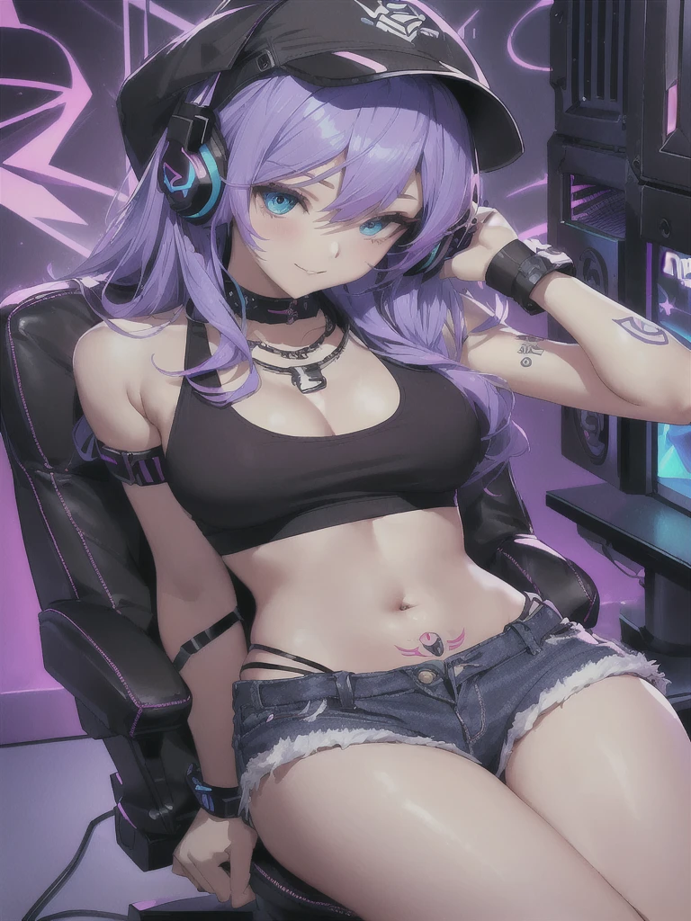 anime girl girl with purple hair and headphones sitting in a chair, seductive anime girl girl, anime styling 4 k, 极其详细的Artgerm, cyberpunk anime girl girl, best 4k konachan anime wallpaper, 坏蛋动漫8 K, anime styling. 8K, female cyberpunk anime girl girl, 8K high quality detailed art, anime girl girl, attractive  anime, trends on cgstation, maximum quality, Superior image quality, Masterpiece artwork, 18 year old girl, Oriental tattoo on right shoulder,  Oriental tattoo on left wrist, Oriental dragon tattoo on belly, black tank top, exposed belly button, jeans shorts, Perfect bust, bust 85, RGB colored hair, pink hair, cabelo roxo, hair blue, longye hair、shining blue eyes, chest opened, happiness, Black bracelet on the right wrist, sit on a gaming chair, slenderbody, A cute smile, Streamer, pose sexy, kitty ear gaming headset, lace)）high qualiy, American comic book style, Background with((Neon colored room, pc gamer com luzes neon RGB, mesa gamer, gamer-chair, 50 inch TV)), tabletop, 