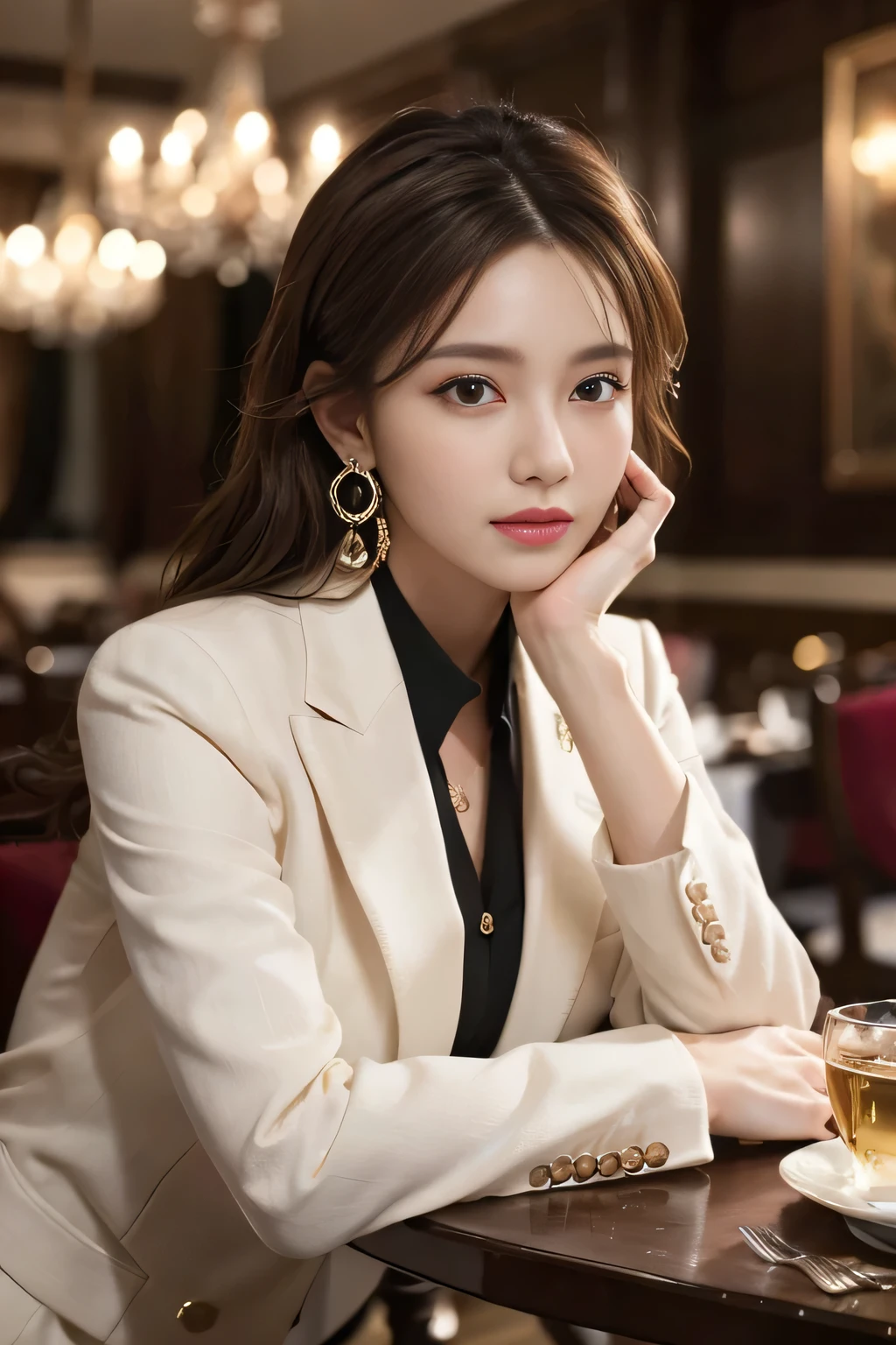 masterpiece, Highest quality, Realistic, Very detailed, Finer details, High resolution, 8k wallpaper, One beautiful woman, Wear a nice suit, In a great restaurant, At night, Light brown messy hair, Perfect dynamic composition, Beautiful and beautiful eyes、Big earrings、Sit on a chair、