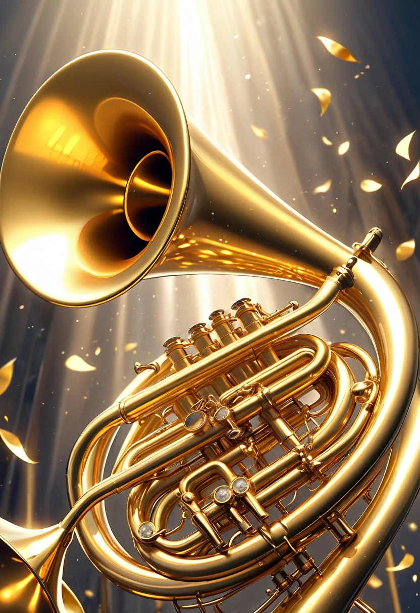 masterpiece, 8k, best quality, highly detailed, a large golden trumpet with radiant energy coming off of it