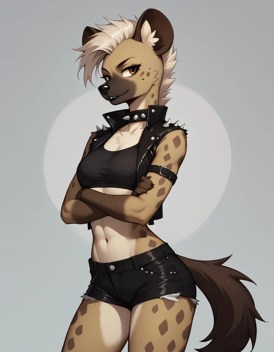 Solo, score_9,score_8_up,score_7_up, kemono style, source_furry, Trisha, a tall female spotted hyena, brown snout, black nose, brown eyes, short spiked undercut platinum blonde hair, black lips, hyena tail, brown hyena ears, wearing black leather jacket, black crop top, black short shorts, arms crossed, spiked collar, soft smile, abstract grey background