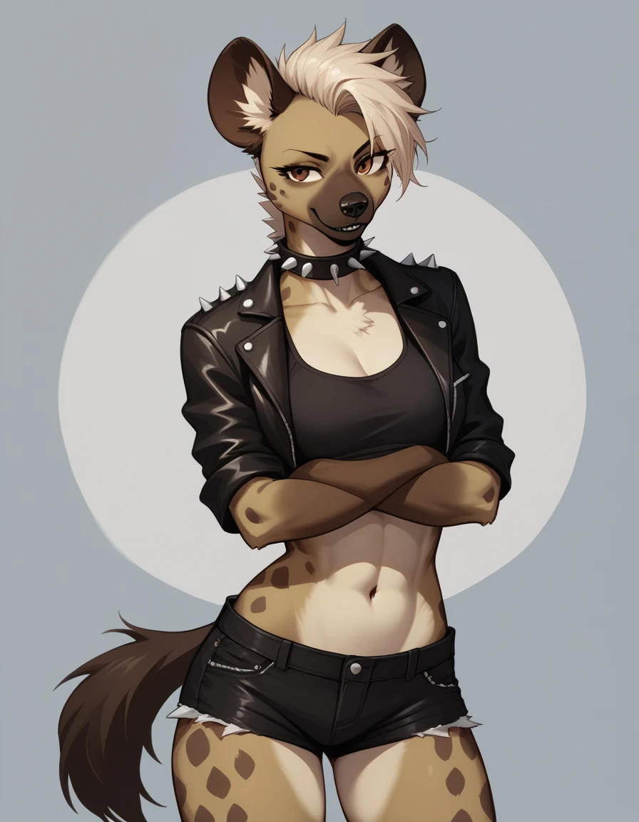 Solo, score_9,score_8_up,score_7_up, kemono style, source_furry, Trisha, a tall female spotted hyena, brown snout, black nose, brown eyes, short spiked undercut platinum blonde hair, black lips, hyena tail, brown hyena ears, wearing black leather jacket, black crop top, black short shorts, arms crossed, spiked collar, soft smile, abstract grey background