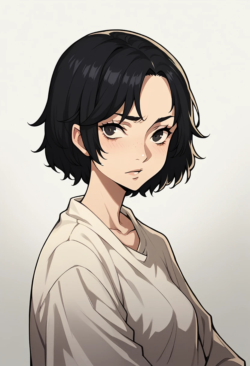 middle- woman, neutral expression, short black hair