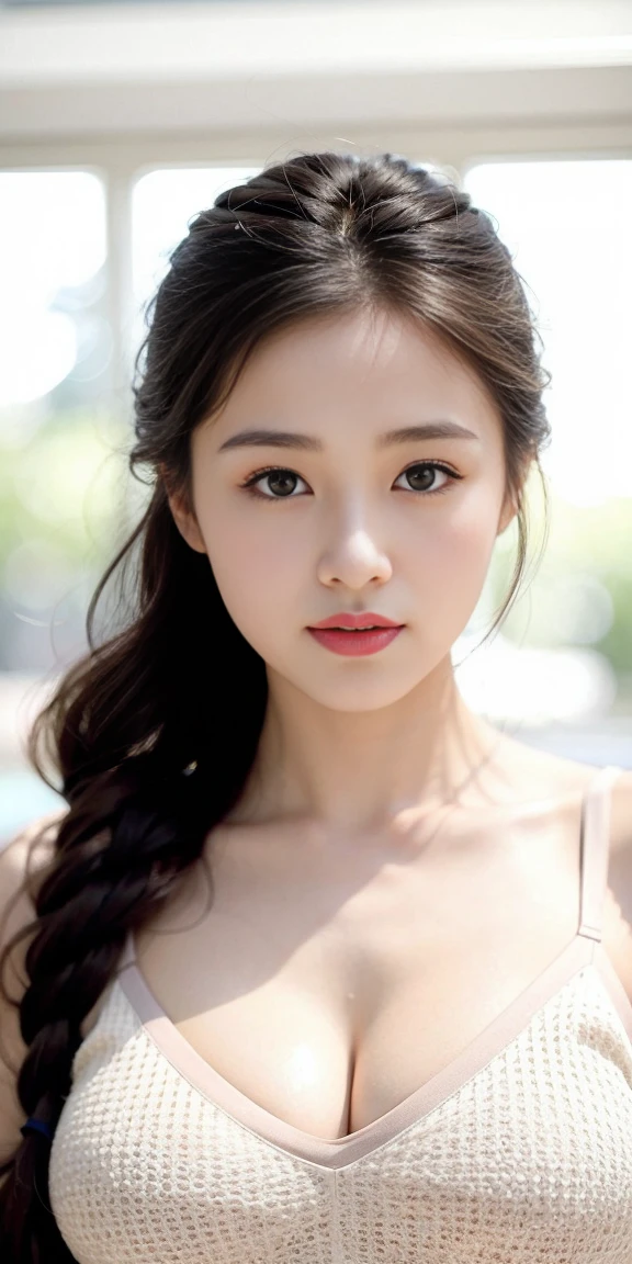 8K picture quality、high resolution、Realistic skin texture、high resolutionの瞳、Miss、日本夏季办公室Miss、Sleeveless knitted shirt、Princess hairstyle、Thin、、Large Breasts、Large Breastsの谷間、Brown hair、Thin脚、Large target、Sweat accumulates on the chest、roof、Comb your hair up