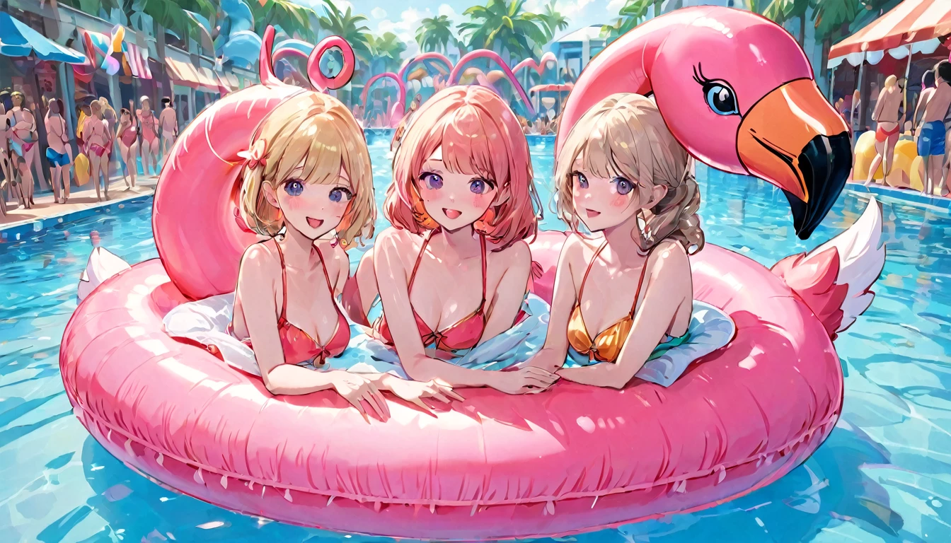 three women in a pool with Inflatable flamingo floats, Pool Party, Ultra-detailed face and eyes、Detailed Eyes、Delicate face、Summer swimming , Inflatable, Carnival floats, summer festival night, festival, 夏のnight, Are you having fun, Having a great time, Warm and fun atmosphere, Have fun, drink, Beach , night, 18-year-old female, music festival, Splash House, cool , Features