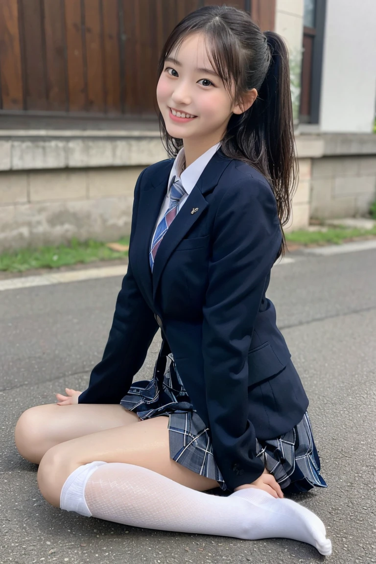 (8K), (highest quality: 1.2), (realistic), (realistic: 1.37), ultra high resolution, (1 girl、17 years old), cute, smile, closed mouth, beautiful details, beautiful nose, wet hair, giant dulcefo, pork, thighs，Self snap,High school Student Uniform,(A simple navy blue blazer),pleated skirt,(The skirt and tie are gray tartan check pattern....:1.3),(sitting:1), sit on the ground,(hug your feet:1),white pantyhose,from the front,knees、loafers、Low - Angle、From the front view、Checkered Pleated Skirt、Ponytail 1.2、Knee-high socks、barefoot、((Between the legs、Panties that fit the female genitals、White panties、膝を上げて、お尻を床に付けて座る))