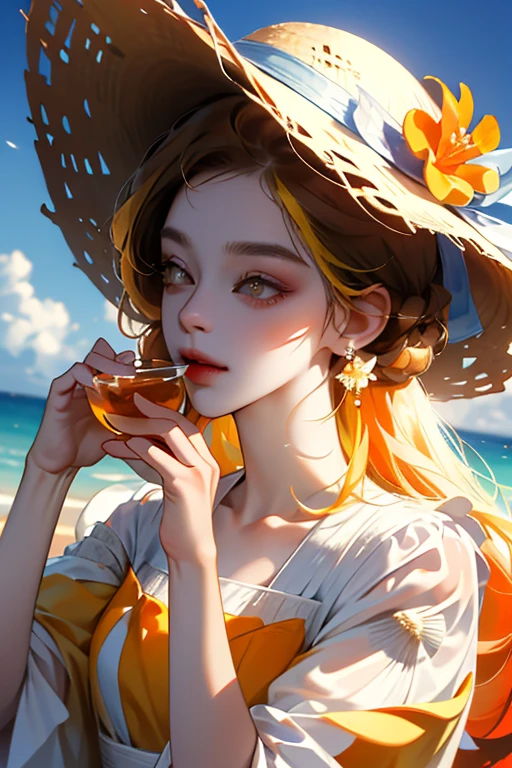 absurdres, highres, ultra detailed, 1girl, solo, extremely detailed eyes, starfish, seashell, shell, flower, hat, hair ornament, jewelry, straw hat, looking at viewer, sunglasses, hat flower, drinking straw, hairclip, earrings, red flower, tinted eyewear, yellow flower, bangs, english text, multicolored hair, orange flower, black hair, ring, cup, long hair, orange-tinted eyewear, food, brown hair, portrait, shell hair ornament