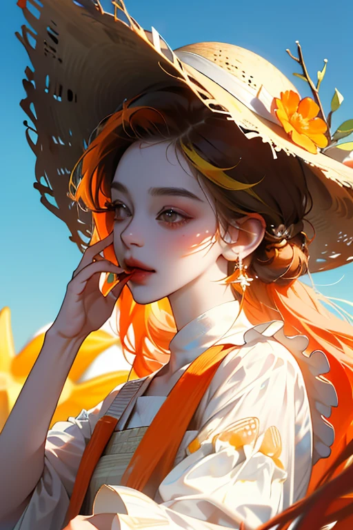 absurdres, highres, ultra detailed, 1girl, solo, extremely detailed eyes, starfish, seashell, shell, flower, hat, hair ornament, jewelry, straw hat, looking at viewer, sunglasses, hat flower, drinking straw, hairclip, earrings, red flower, tinted eyewear, yellow flower, bangs, english text, multicolored hair, orange flower, black hair, ring, cup, long hair, orange-tinted eyewear, food, brown hair, portrait, shell hair ornament