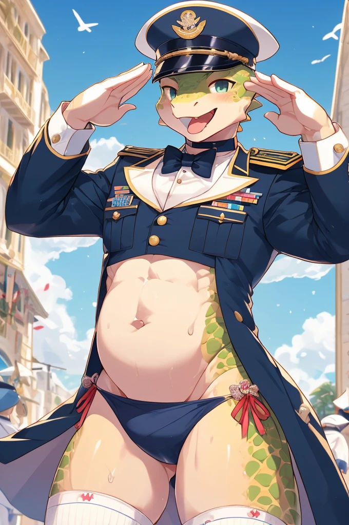Highest quality、Sexy Baby Lizardman、Skimpy、Shota、maleの子、male、Sweat、Embarrassing、Gay、Triumphal Parade、cute、Knee-high socks、frilled choker、Obscene language、Showing tongue、toplesagazine cover style illustration、bow tie、salute、military cap、Get a tip、Belly button style military uniform、navy、Minimal Panties
