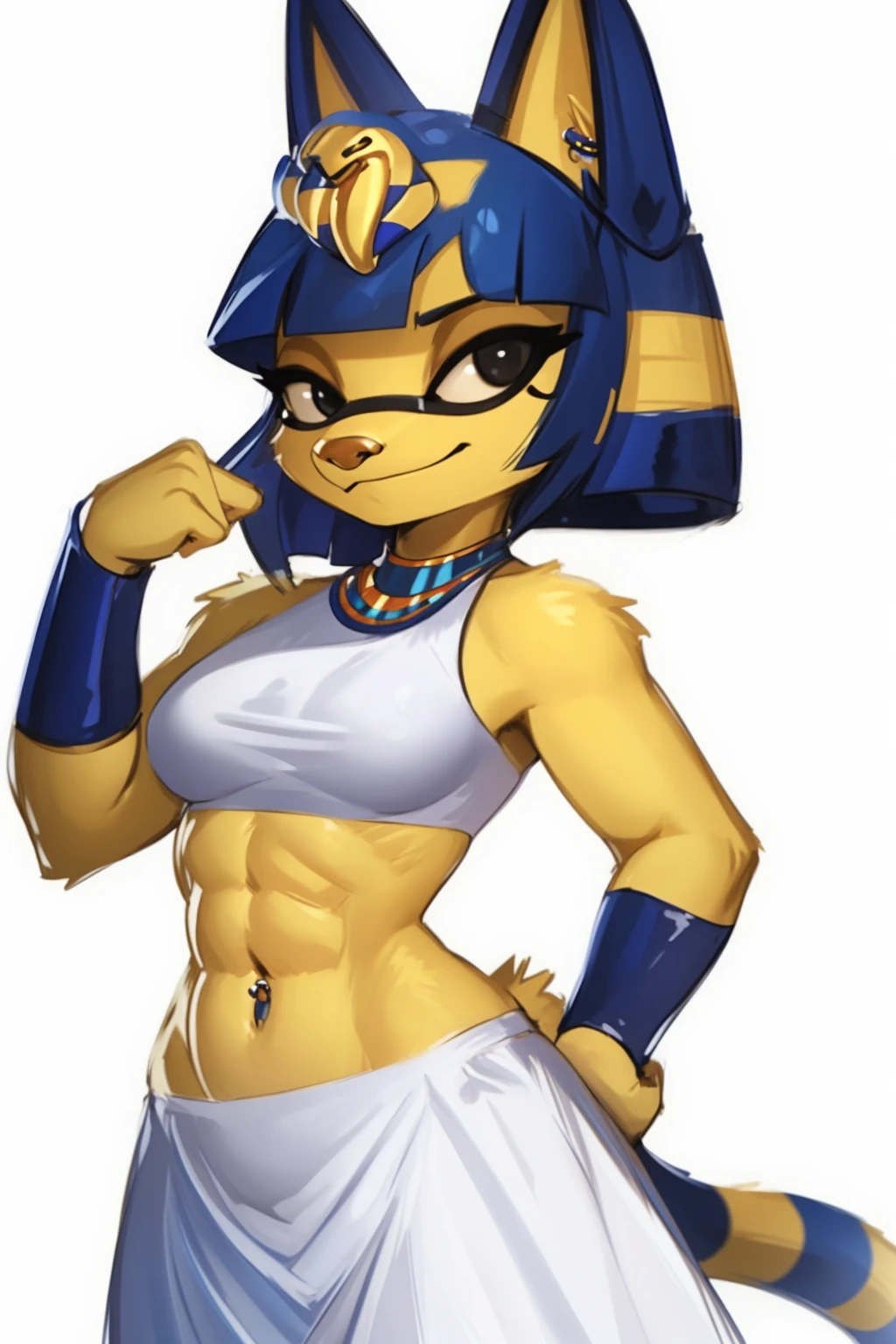 ((best quality)), ((masterpiece)), (detailed), ((2k)), trending on artstation, furry, furry style, anthro style, perfect face, a digital artwork of a sexy Ankha with abs wearing a crop top of her white sleeveless dress with white long dress skirt, a bare midriff, a bare navel, an exposed belly button, Egyptian setting, smug face, tail, blue Egyptian handbands, navel piercing