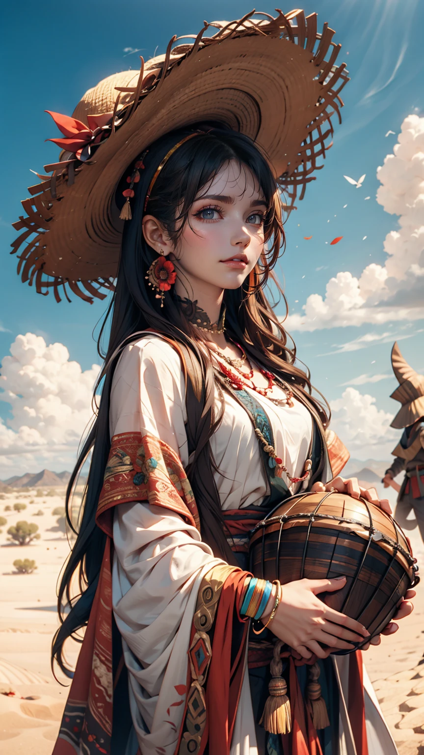 Alafi woman in traditional dress holding a small drum in the desert, Young woman in shaman costume, Girl with a sphere, movie「Silk road」Scenery of, Beautiful youth, Portrait Shot, Ancient Princess Reeve, The desert's vanishing line is below a woman's waist, The sky is clear and sunny. Sexy proportionature female body、Long eyelashes、Narrow waist、Slender limbs、Long neck、smile