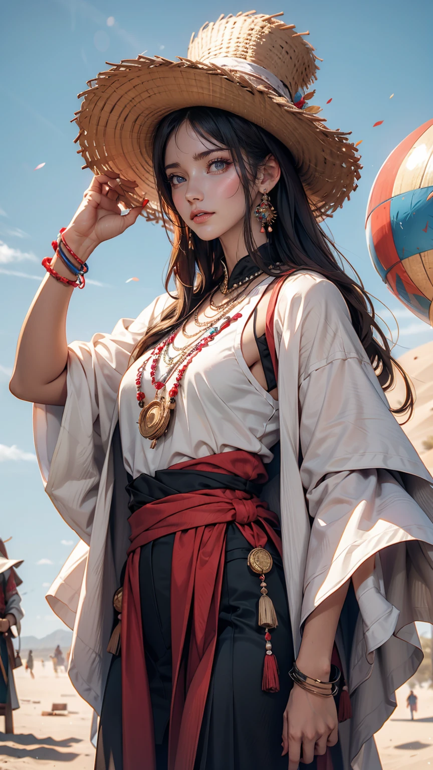 Alafi woman in traditional dress holding a small drum in the desert, Young woman in shaman costume, Girl with a sphere, movie「Silk road」Scenery of, Beautiful youth, Portrait Shot, Ancient Princess Reeve, The desert's vanishing line is below a woman's waist, The sky is clear and sunny. Sexy proportionature female body、Long eyelashes、Narrow waist、Slender limbs、Long neck、smile