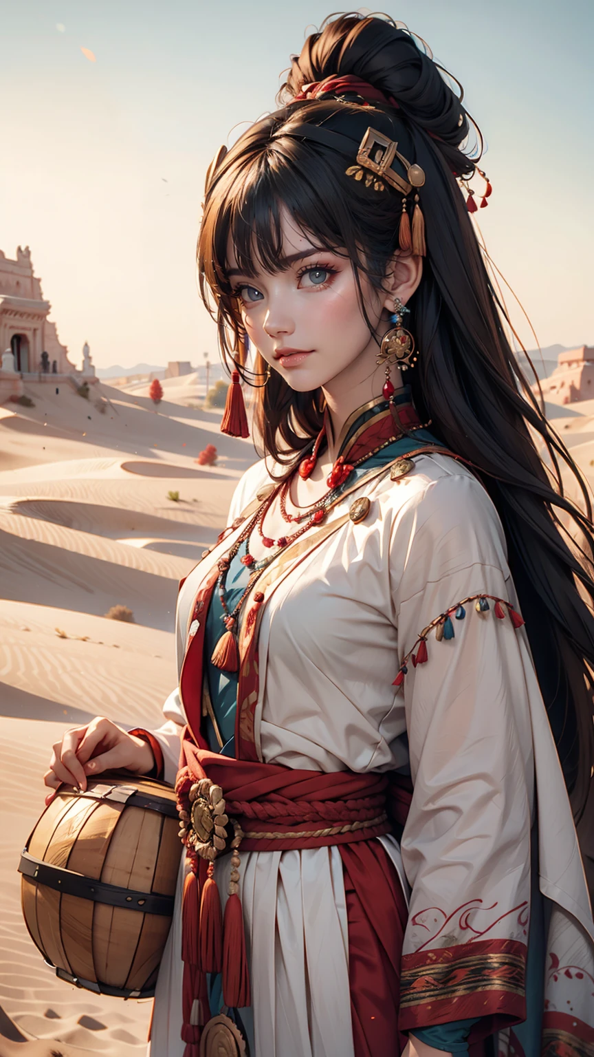 Alafi woman in traditional dress holding a small drum in the desert, Young woman in shaman costume, Girl with a sphere, movie「Silk road」Scenery of, Beautiful youth, Portrait Shot, Ancient Princess Reeve, The desert's vanishing line is below a woman's waist, The sky is clear and sunny. Sexy proportionature female body、Long eyelashes、Narrow waist、Slender limbs、Long neck、smile