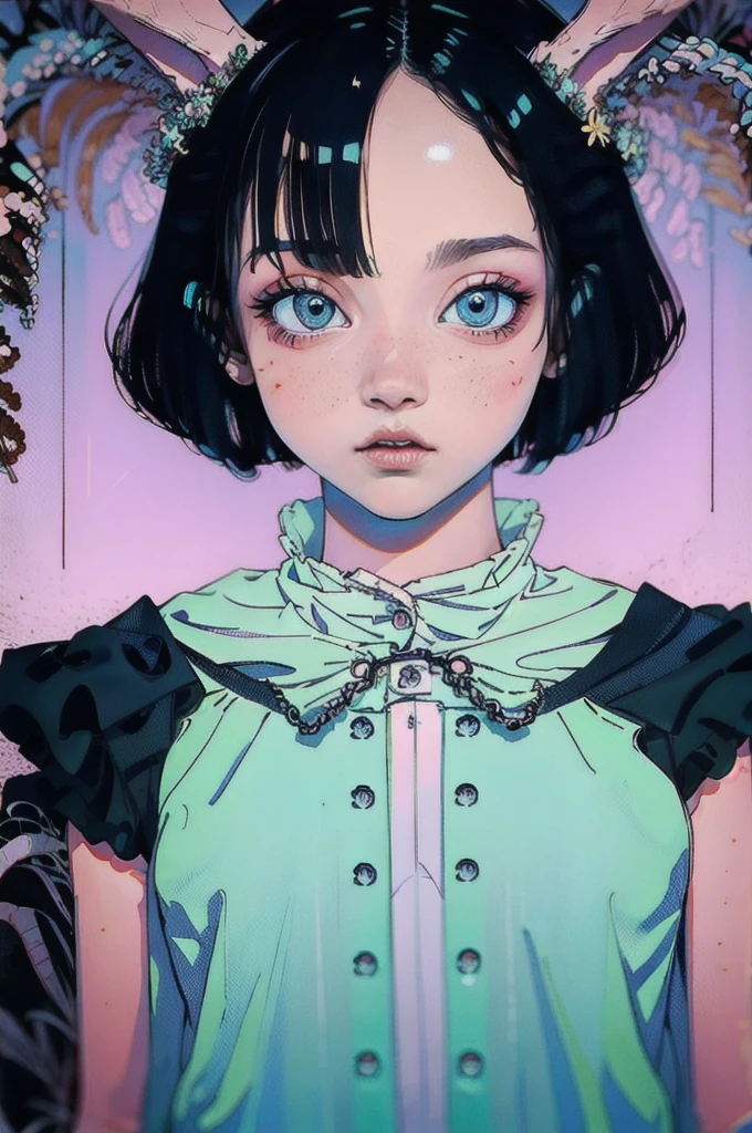 (masterpiece, High resolution, Highest quality), Structure from head to thighs:1.3, Focus on the upper body, 20-year-old woman, A blank look, short hair, Avant-garde makeup, abstract design, artistic juxtapositions, High Contrast, mixed-media approach, Anime Style, Simple lines, Digital Painting,