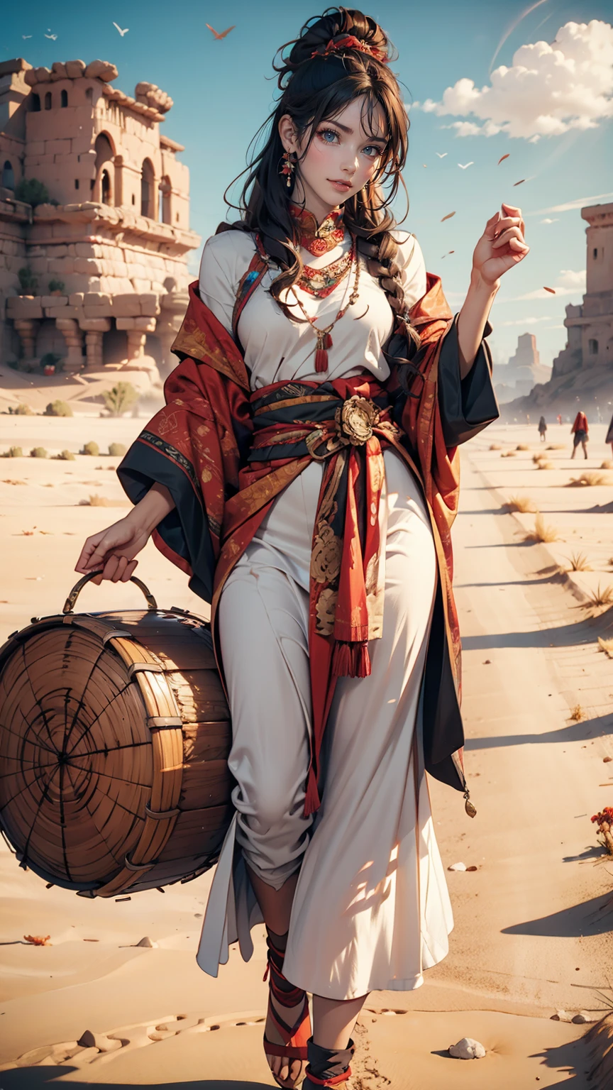 Alafi woman in traditional dress holding a small drum in the desert, Young woman in shaman costume, Girl with a sphere, movie「Silk road」Scenery of, Beautiful youth, Portrait Shot, Ancient Princess Reeve, The desert's vanishing line is below a woman's waist, The sky is clear and sunny. Sexy proportionature female body、Long eyelashes、Narrow waist、Slender limbs、Long neck、smile