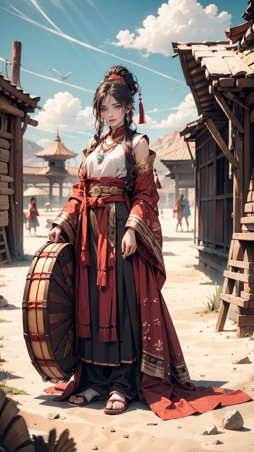 Alafi woman in traditional dress holding a small drum in the desert, Young woman in shaman costume, Girl with a sphere, movie「Silk road」Scenery of, Beautiful youth, Portrait Shot, Ancient Princess Reeve, The desert's vanishing line is below a woman's waist, The sky is clear and sunny. Sexy proportionature female body、Long eyelashes、Narrow waist、Slender limbs、Long neck、smile