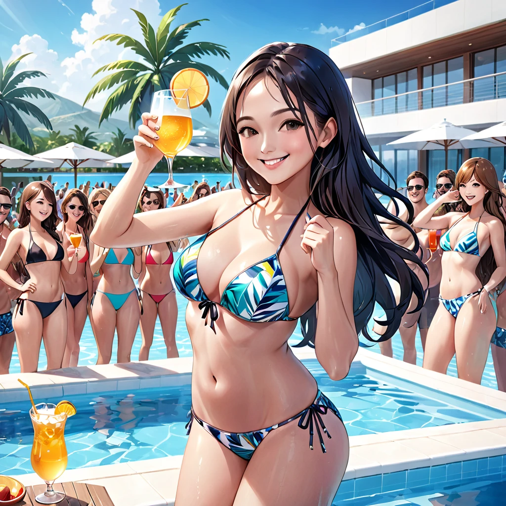 (best quality, masterpiece, highres:1.3), detailed, poolparty, bikini women, cheers pose, long hair, happy smile, swimsuit, poolside, lot of people,