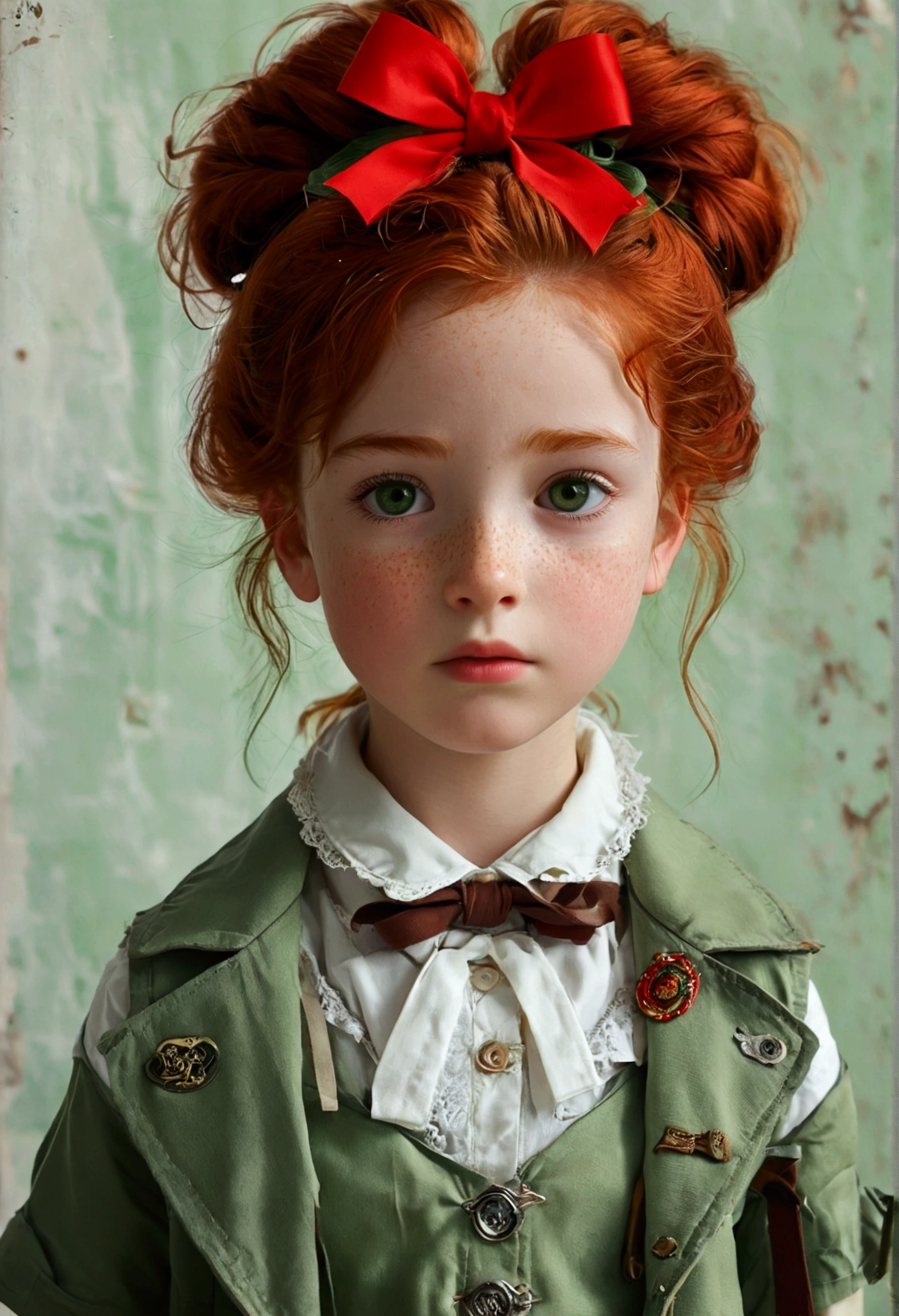 Background of the French school, ultra realistic, 8k, Good quality, a 12 year old girl, redhead girl, She has big red hair tied in a red bow.., He has freckles only on his cheeks, a very thin pointed nose, (slightly slanted almond eyes), He has thin black eyebrows, (very thin body), thin face, Wear a formal white shirt with a short collar., (On top is a short light green sleeveless jacket.), (with various emblems), (has a long, up to the knee, light green long skirt), tied with a brown belt), black leather shoes and white socks, (whole body), full HD