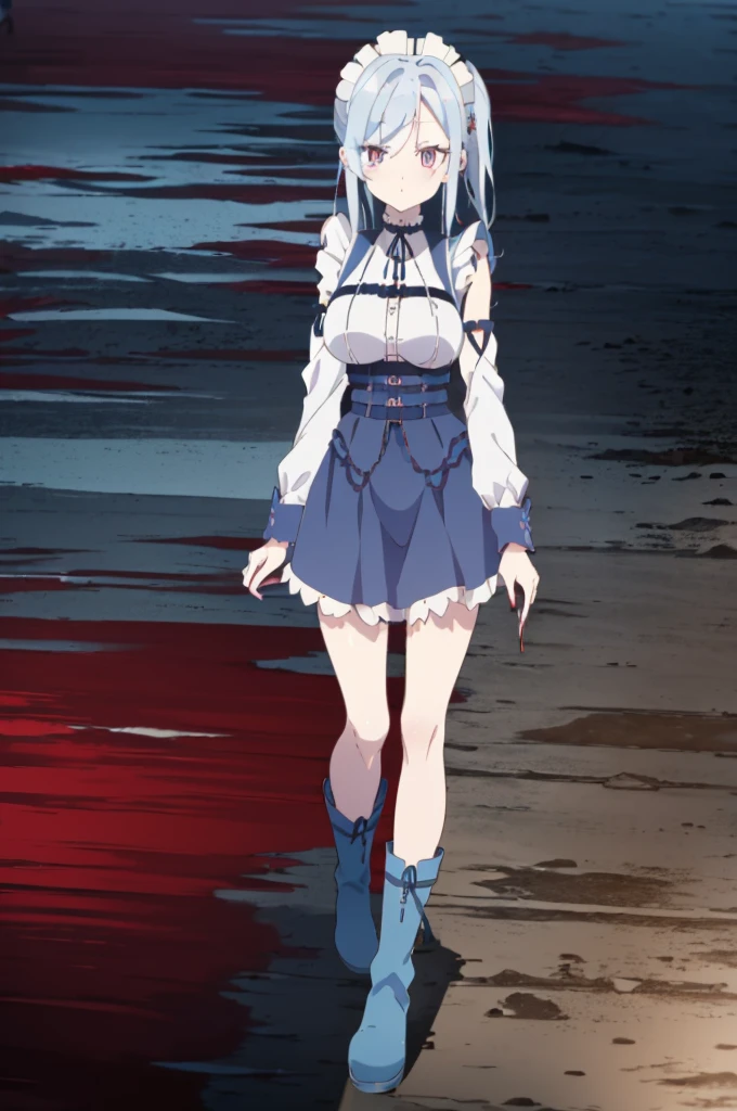 ((split-color hair , red hair , light blue hair)),[(underground waterway background:1.4)::5],original,(illustration:1.1),(best quality),(masterpiece:1.1),(extremely detailed CG unity 8k wallpaper:1.1), (colorful:0.9),(mid shot:0.95),(full body:1.5),Dynamic angle,(solo:1.2), (girl),((adult)), (detailed beautiful eyes:1.15), (beautiful face:1.15), (glowing red eyes:1.25////),((medium hair)),((split-color hair , red hair , light blue hair)),(high twintails),(chignon),(+perfect hand+:1.21),(Draw an illustration of a gothic girl),(Religious),(slender),(is wearing boots on her feet),((is wearing white maid clothes)),(furious), Lace Off-shoulder lolita fashion,beautiful slender woman,high twintails,full body,mini skirt,((split-color hair , red hair , light blue hair)),((black long boots)),((mini skirt)),((adult)),((dynamic angle)),((split-color hair , red hair , light blue hair)),