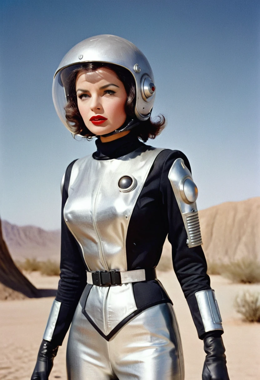 vintage old photo from the 50s, masterpiece closeup portrait photo 50s scifi woman wearing a polished aluminum suit standing in a desert moon landscape with a jetpack, a glass dome helmet, perfect hair, colour style 50s, black suit, movie style, Old Classic Films, old picture, maximum details, dramatic shadow evocative analog film noise, half body portrait, cinematic, movie still, captured in the style 35 mm movie film