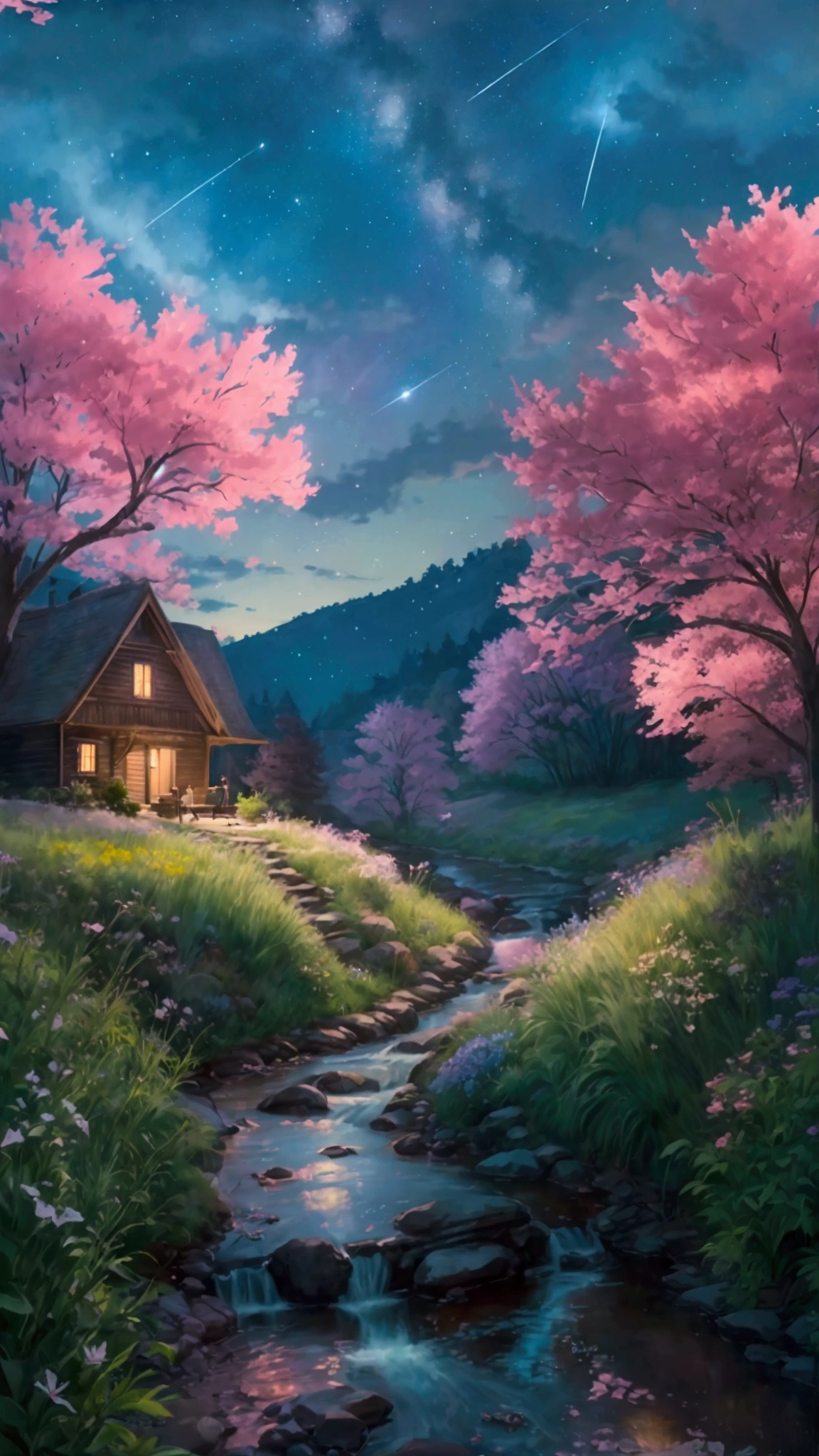 Rural landscape、Ghibli style、night、Romantic atmosphere in the house、A dreamy scene、Heart-warming images、super high quality、Amazing CG、Highly detailed images。Starry sky spreads out、I see some shooting stars。There is an old brick house、A pale pink light is leaking from the window.。Colorful flowers bloom all around the house.、The stream is flowing quietly。There is a bench by the stream、A couple is sitting there looking up at the stars。The whole atmosphere is romantic.、A dreamlike landscape。