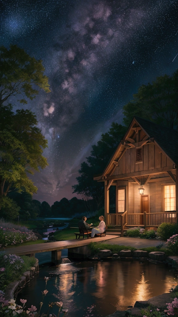 Rural landscape、Ghibli style、night、Romantic atmosphere in the house、A dreamy scene、Heart-warming images、super high quality、Amazing CG、Highly detailed images。Starry sky spreads out、I see some shooting stars。There is an old brick house、A pale pink light is leaking from the window.。Colorful flowers bloom all around the house.、The stream is flowing quietly。There is a bench by the stream、A couple is sitting there looking up at the stars。The whole atmosphere is romantic.、A dreamlike landscape。