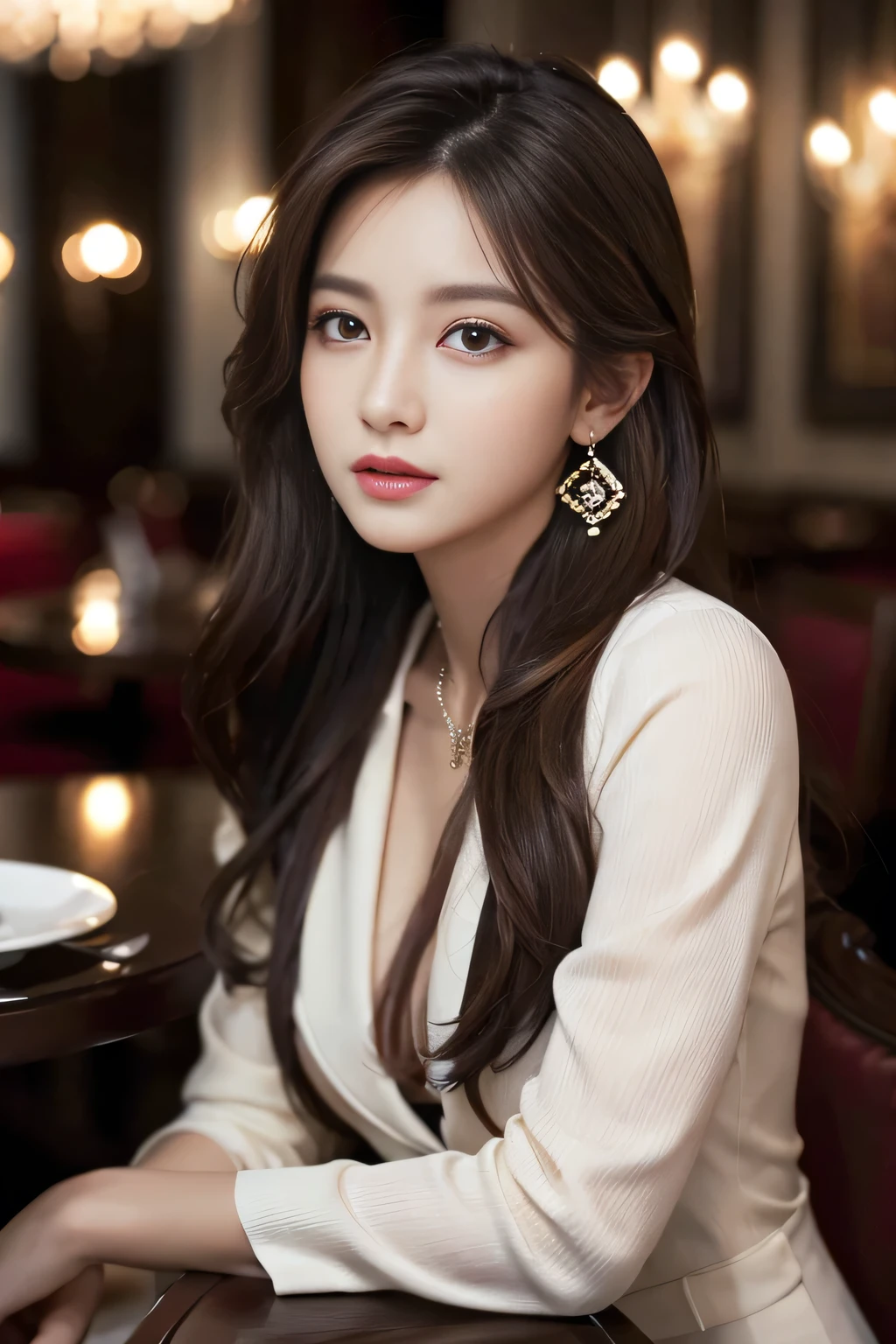 masterpiece, Highest quality, Realistic, Very detailed, Finer details, High resolution, 8k wallpaper, One beautiful woman, Wear a nice suit, In a great restaurant, At night, Light brown messy hair, Perfect dynamic composition, Beautiful and beautiful eyes、Big earrings、Sit on a chair、