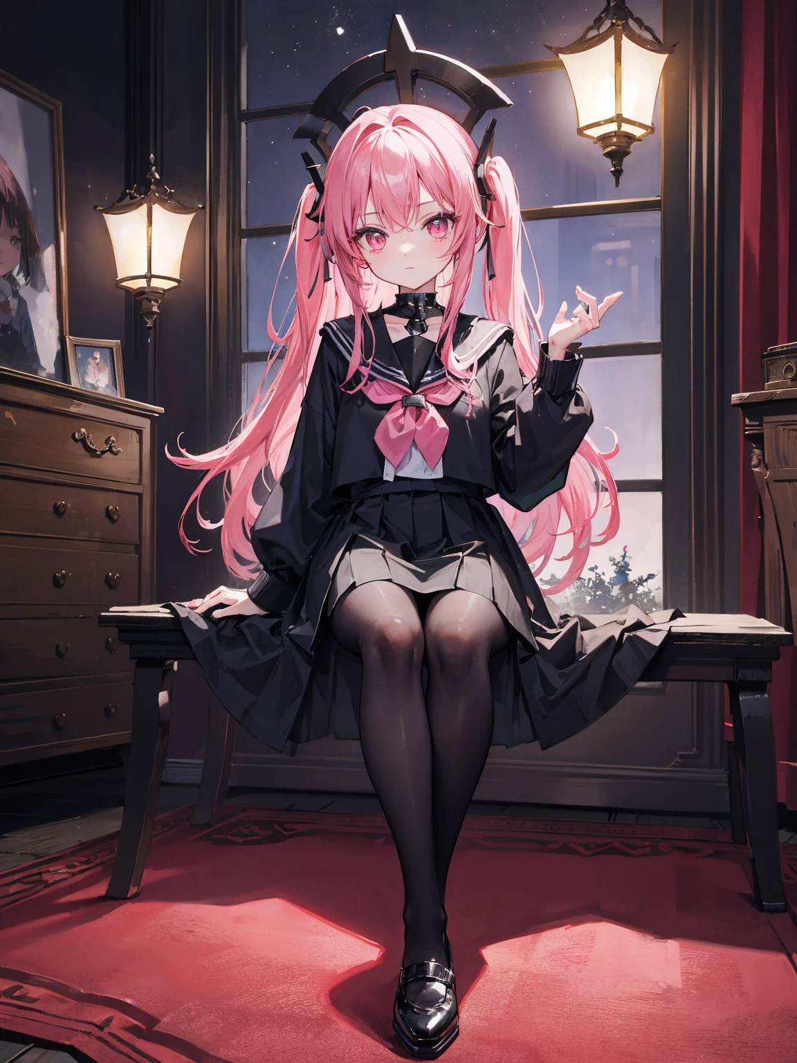 masterpiece, best, dreamy, A beautiful girl, anime style girl, pink eyes, long pink hair, wearing black sailor suit, long sleeves, black skirt, black pantyhose, pink, and black, holding lantern, in the old house, scary, dark, in night, whole body, show the legs and shoes in the picture, fine facial portrayal, portrait of fine clothes, ultra HD, 8K, sight, photo by full body, shoes point to me, sitting gesture, cross-legs