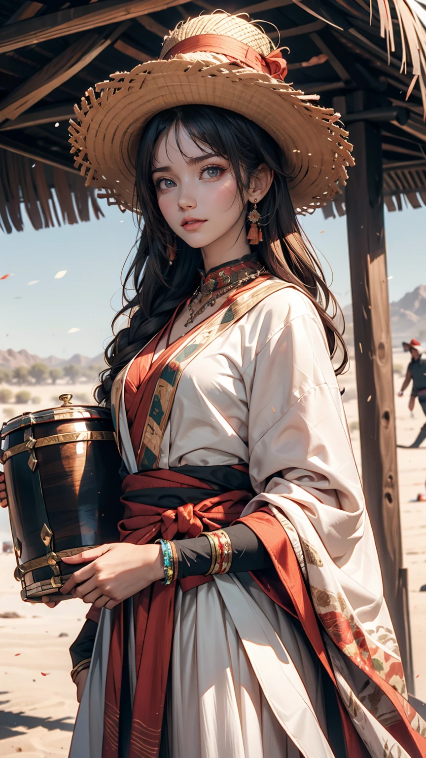 Alafi woman in traditional dress holding a small drum in the desert, Young woman in shaman costume, Girl with a sphere, movie「Silk road」Scenery of, Beautiful youth, Portrait Shot, Ancient Princess Reeve, The desert's vanishing line is below a woman's waist, The sky is clear and sunny. Sexy proportionature female body、Long eyelashes、Narrow waist、Slender limbs、Long neck、smile