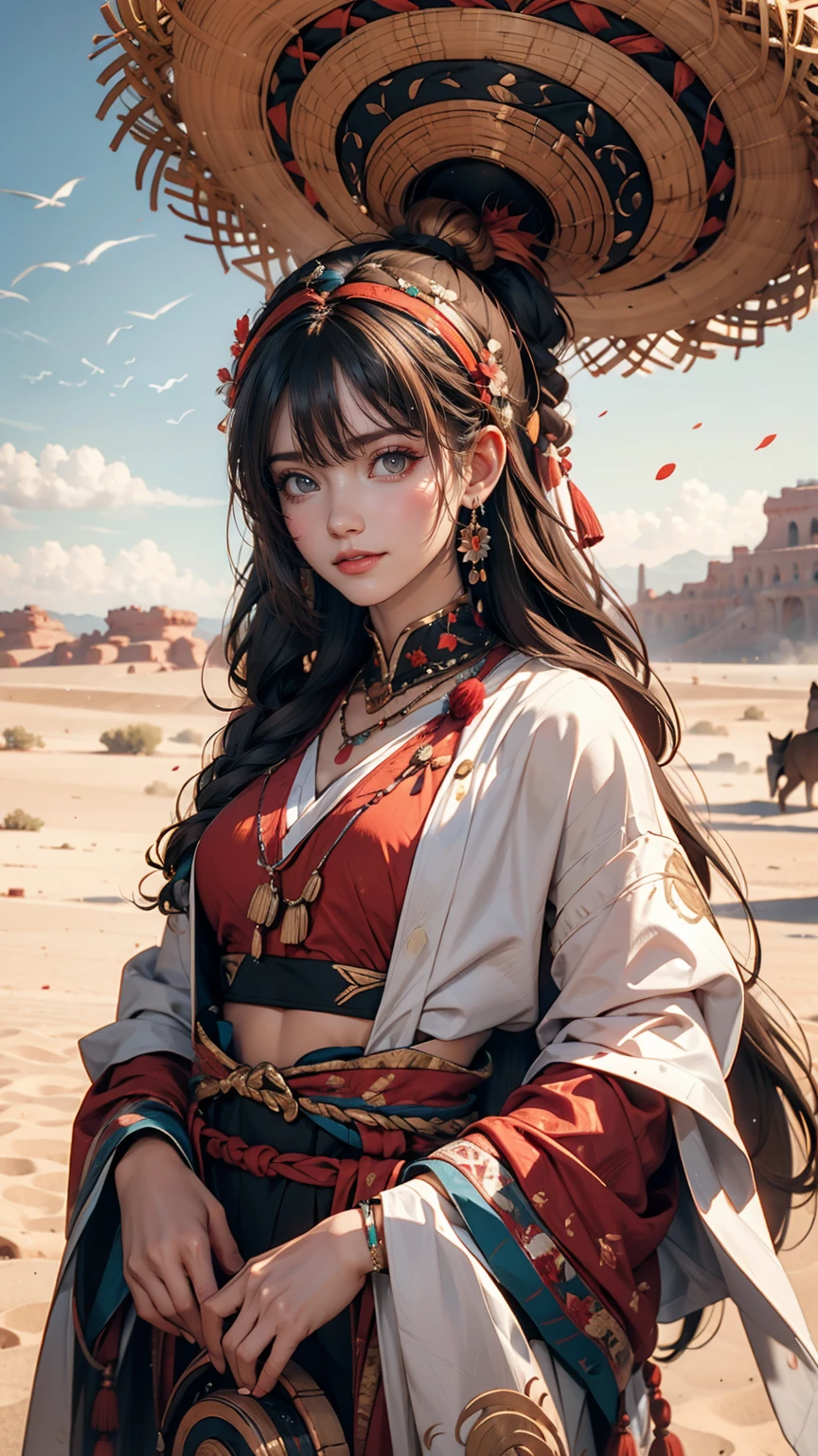 Alafi woman in traditional dress holding a small drum in the desert, Young woman in shaman costume, Girl with a sphere, movie「Silk road」Scenery of, Beautiful youth, Portrait Shot, Ancient Princess Reeve, The desert's vanishing line is below a woman's waist, The sky is clear and sunny. Sexy proportionature female body、Long eyelashes、Narrow waist、Slender limbs、Long neck、smile