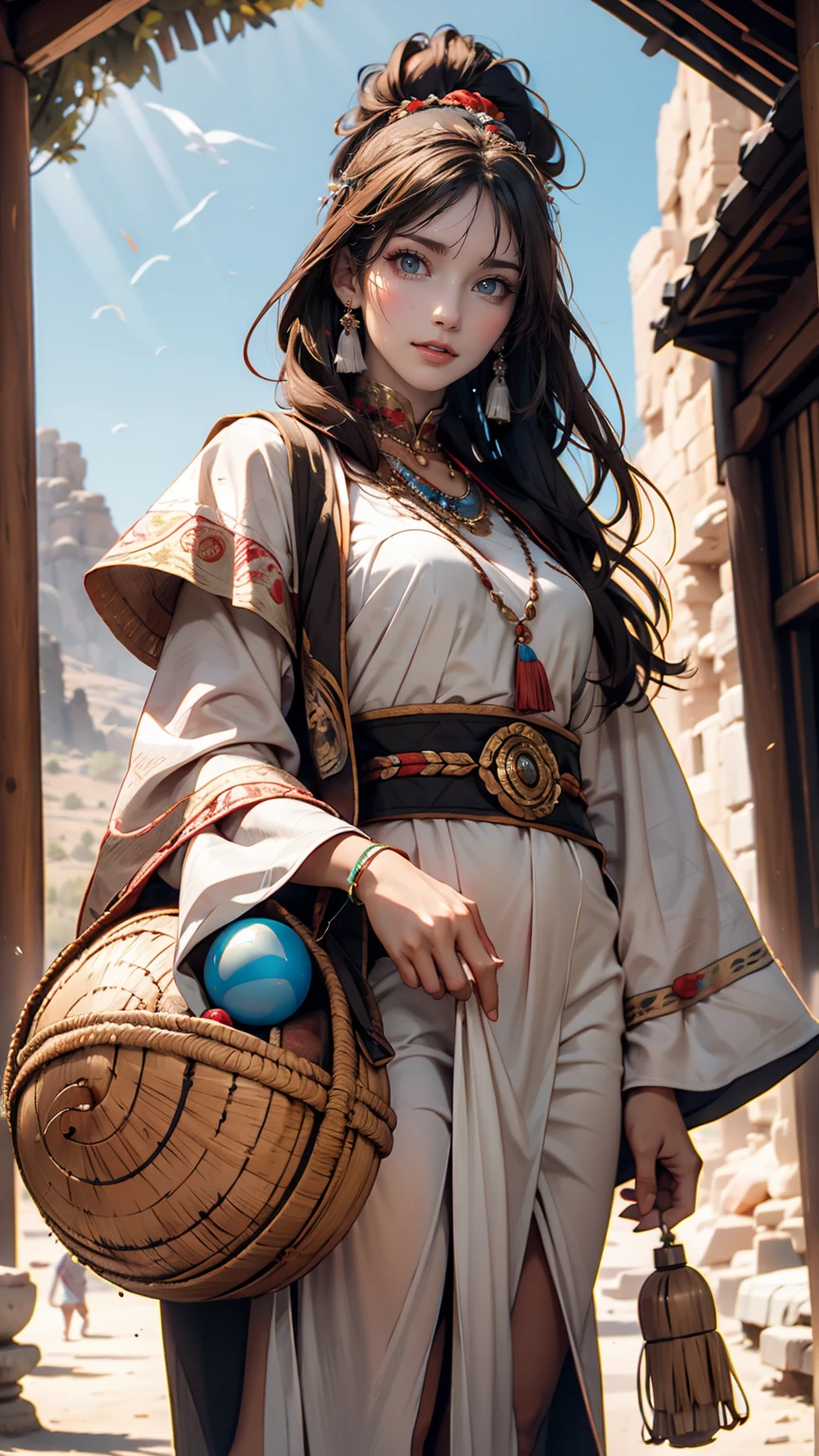 Alafi woman in traditional dress holding a small drum in the desert, Young woman in shaman costume, Girl with a sphere, movie「Silk road」Scenery of, Beautiful youth, Portrait Shot, Ancient Princess Reeve, The desert's vanishing line is below a woman's waist, The sky is clear and sunny. Sexy proportionature female body、Long eyelashes、Narrow waist、Slender limbs、Long neck、smile