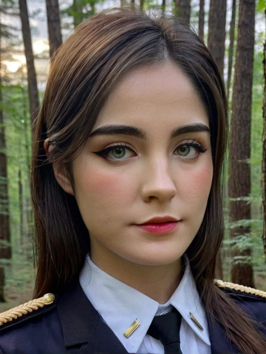 a beautiful image by st4ryuukiXL, detailed skin texture,Masterpiece, photorealistic, Women, 4k, light, Raw color photo,(completely in frame:1.1), (Goosebumps:0.5),king, detailed face,wearing a uniform,evening,forest,subtle smile,High contrast