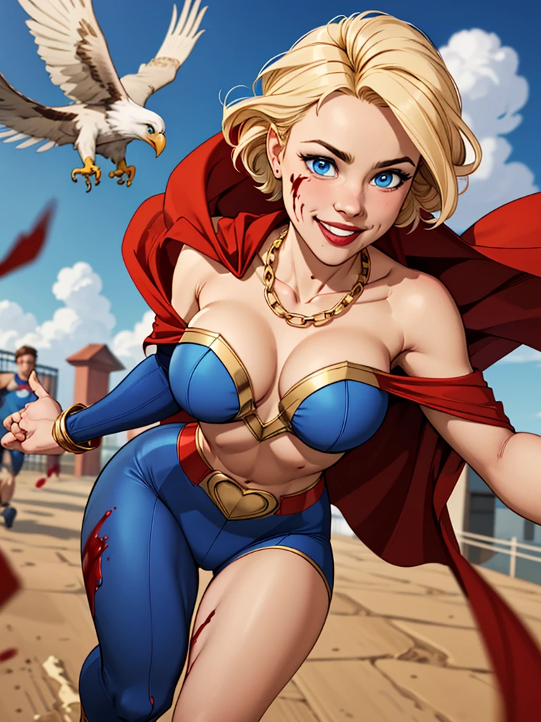 Young female, blonde with short hair, with big, bright blue eyes, wearing a blue costume, defined chest, wearing a golden shoulder pad in the shape of an eagle, with a golden chain running across his chest holding a red cape Smiling with blood splash on face and clothes 