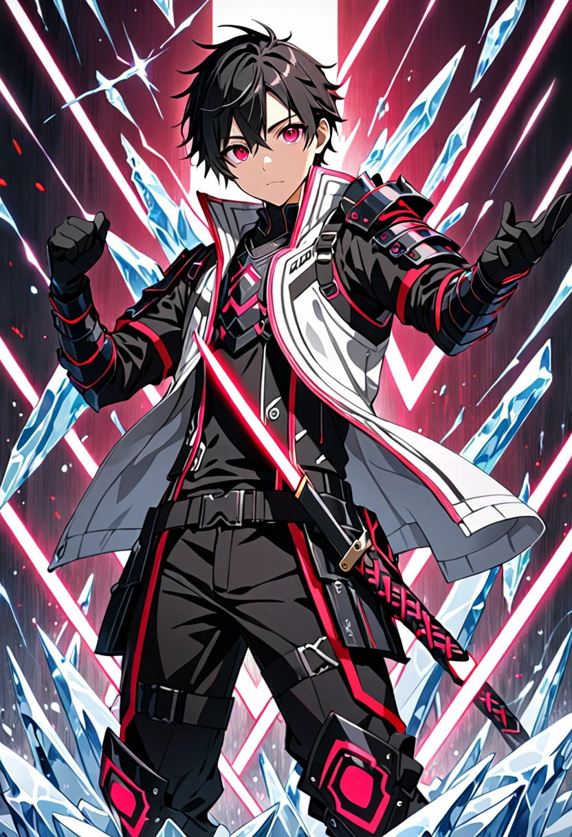 1boy, masterpiece, best quality, very aesthetic, absurdres,newest, anime style, sung jin woo, solo leveling, black hair, HairDetailer, short hair, (ice neon black tech samurai armor:1.3)), (White kirito jacket:1.3), (glows deep ruby red eyes:1.2), (gradient eyes:1.2), (symmetrical eyes:1.2), big highlight on eyes:1.3), BeautifulEye, dynamic angle, thunder clap pose, GoodHands, intricate, surreal, intricate, Add Detail,