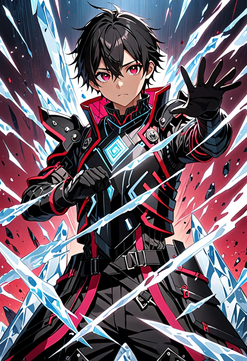 1boy, masterpiece, best quality, very aesthetic, absurdres,newest, anime style, sung jin woo, solo leveling, black hair, HairDetailer, short hair, (ice neon black tech samurai armor:1.3)), (White kirito jacket:1.3), (glows deep ruby red eyes:1.2), (gradient eyes:1.2), (symmetrical eyes:1.2), big highlight on eyes:1.3), BeautifulEye, dynamic angle, thunder clap pose, GoodHands, intricate, surreal, intricate, Add Detail,