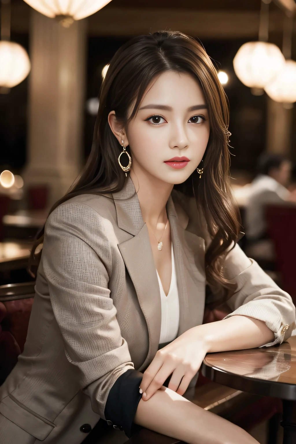 masterpiece, Highest quality, Realistic, Very detailed, Finer details, High resolution, 8k wallpaper, One beautiful woman, Wear a nice suit, In a great restaurant, At night, Light brown messy hair, Perfect dynamic composition, Beautiful and beautiful eyes、Big earrings、Sit on a chair、