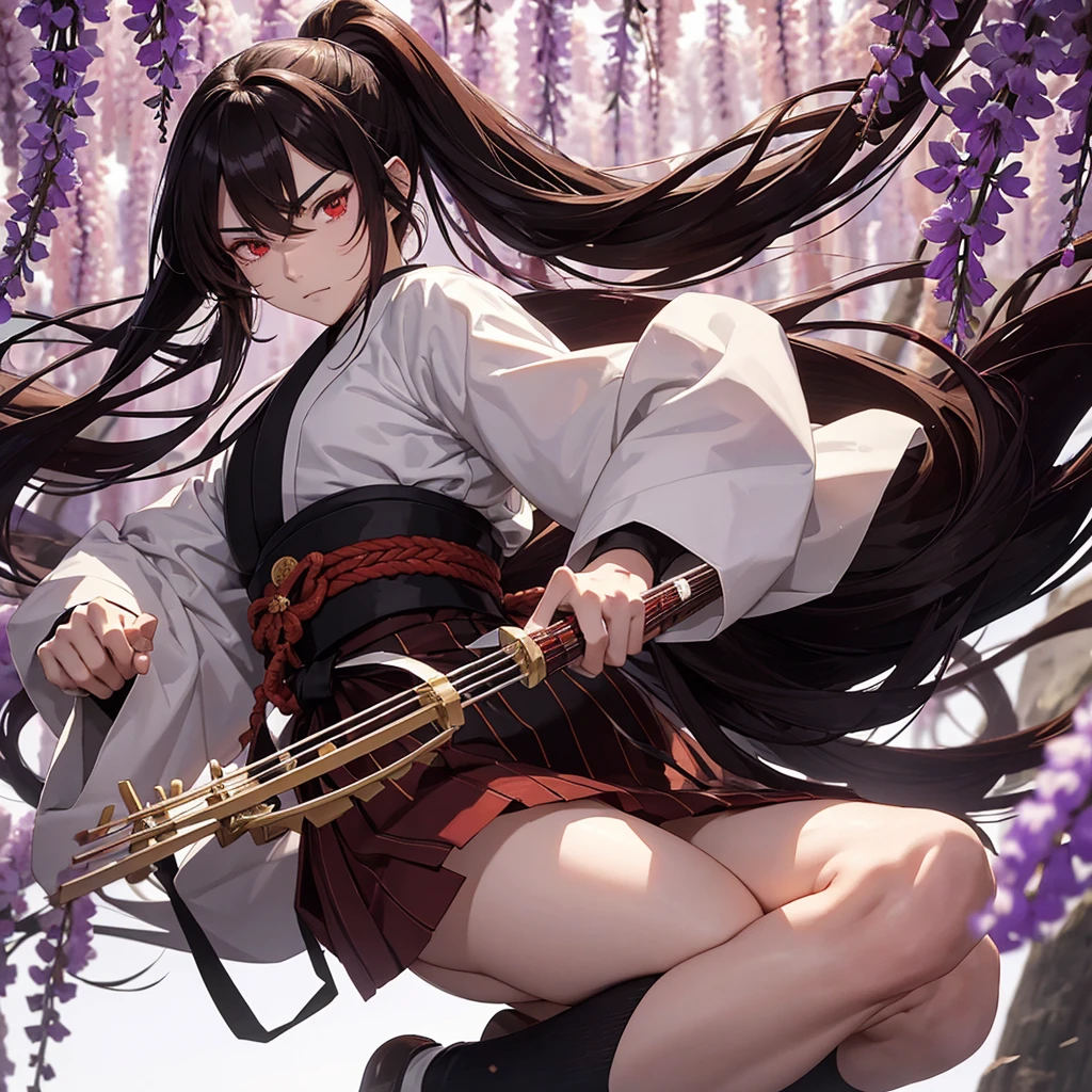 Demon slayer. A 19 year old man with long, thick, brown hair in a half pony tail. The hair is down to his waist and he has red eyes. Also, he wears a plain white haori. Taisho era Japan. Holding an instrument called The Koto. Wisteria trees. Black gloves. Very pale skin. Black, thigh-high socks.