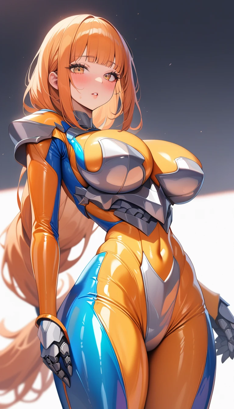 1girl,solo,super detailed skin,shiny skin,oily skin,natural face,eyelashes,gleaming lips,orange hair,blunt bangs,low-tied hair ,large breasts,knight armor ,asymmetry armor ,vibrant colors vinyl suit,standing upright ,simple background,masterpiece,best quality,ultra detailed,high resolution,sharp focus,depth of field