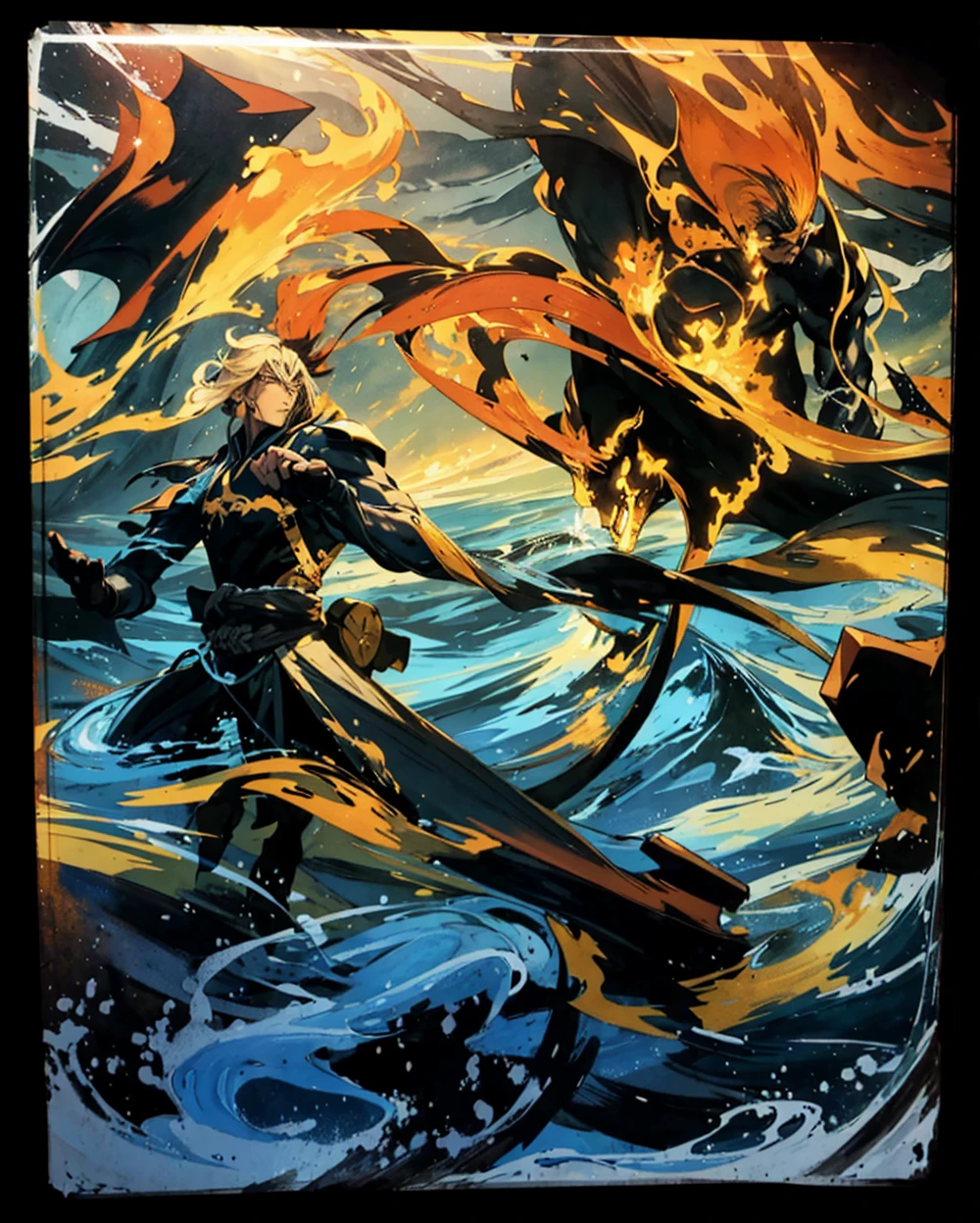 There are two martial arts characters confronting each other in the picture,Clear contours。In the middle of the picture, a hero is standing on the sea practicing martial arts with his left arm broken.。On the right side of the picture, the side face of a classic long-haired beauty is floating in the air.。turbulent weather,terrain changes,The colors are distinct and blended,Clear changes in light and shadow,Silky smooth and delicate watercolor painting
