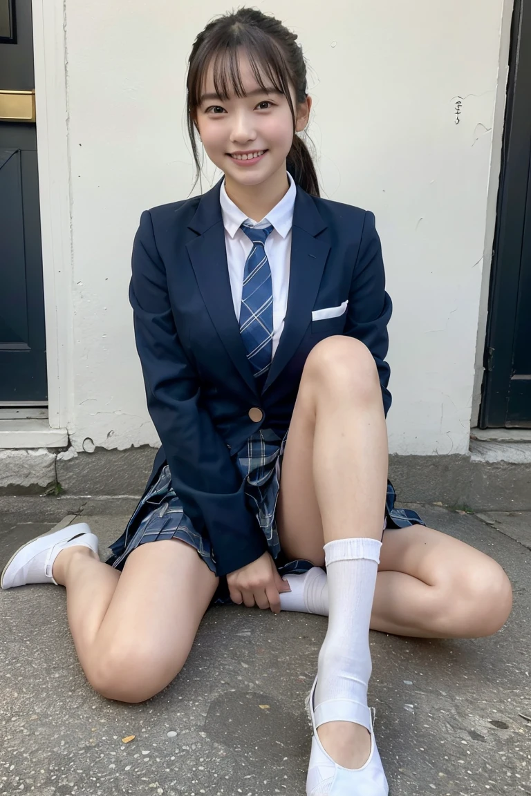 (8K), (highest quality: 1.2), (realistic), (realistic: 1.37), ultra high resolution, (1 girl、s old), cute, smile, closed mouth, beautiful details, beautiful nose, wet hair, giant dulcefo, pork, thighs,Self snap,High school Student Uniform,(A simple navy blue blazer),pleated skirt,(The skirt and tie are gray tartan check pattern....:1.3),(sitting:1), sit on the ground,(hug your feet:1),white pantyhose,from the front,knees、loafers、Low - Angle、From the front view、Checkered Pleated Skirt、Ponytail 1.2、Knee-high socks、barefoot、((Between the legs、Panties that fit the female genitals、White panties、膝を上げて、お尻を床に付けて座る))