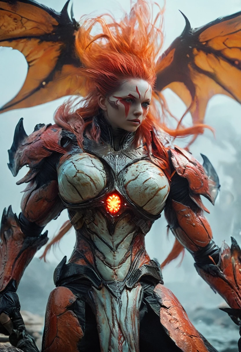 (Highest quality,4K,8K,High resolution,masterpiece:1.2), Very detailed, (Realistic,photoRealistic,photo-Realistic:1.37), white creature, Otherworldly, Lovecraft, Chitinous Skin, Bioluminescence Pattern, Dark Color Palette, Spooky lighting.(Browsing Caution:1.4), white, pink, orange, Very long and sharp red claws, Big Claws, Her body is bioluminescent. Moisturized Skin, (Extremely detailed and intricate skin patterns:1.2), (Translucent chitinous exoskeleton:1.3), (Very small waist:1.4), (Destroyed Anatomy:1.5), violent, erotic,Black Spirit