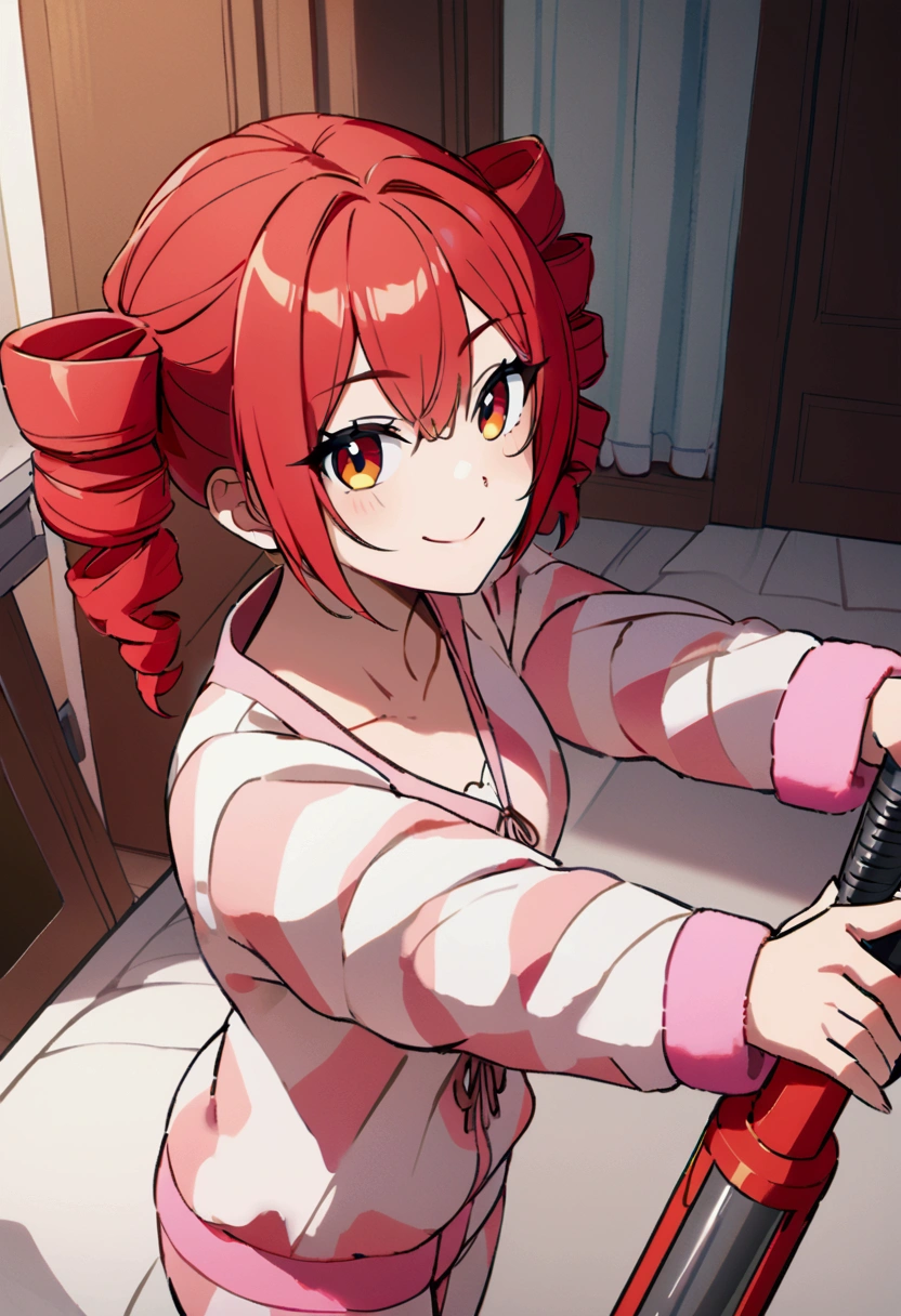 Red hair, loungewear, holding vacuum cleaner, smiling