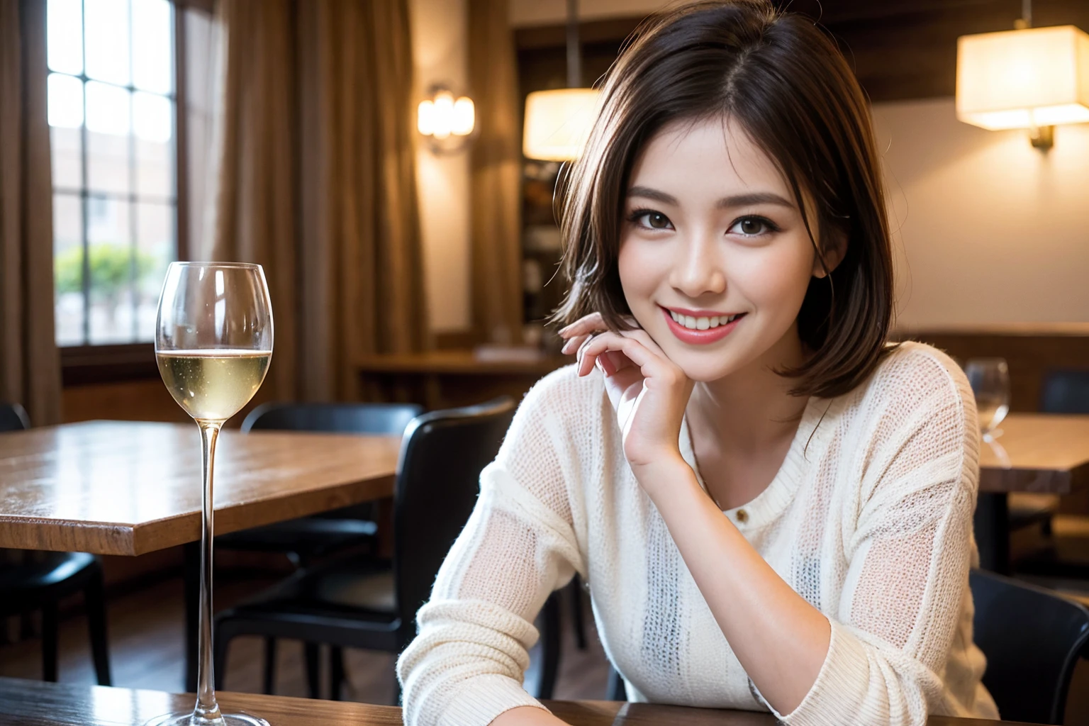 ((Highest quality、8K、masterpiece:1.3))、cute、slimカップル、modelカップル、actress男優、(Realistic, Intricate details:1.2), full-course dinner、Wine Party、Amazing view of the sunset sky and clouds、A bright smile、short hair,Bright Face、 (Age 37), 42 years old, red wine 、Appetizers、Italian food、Wine bottle、Champagne、sparkling wine、Two beauties、Brown Hair、Shortcuts、Long sleeve shirt、dress、Beautiful woman 1, (slimな顔), (The body is slim), (Brown Hair), (Shortcuts), cheeks turn a little red,Attractive beauty、restaurant, In a prominent place (From the waist up) Nova Frog Style, actress, model, Upper Body, White wine, slim, wine glass, 中央に置かれたwine glass, smile, (smile: 1.15), Beautiful fine grain, Depth f/2,saturation, High Contrast, Strong light and shadow,Moist Body:1.5、3D texture、Delicate eyes、Brown Hair、The hair is very shiny、